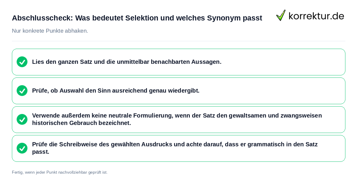 Konkreter Abschlusscheck zu Was bedeutet Selektion und welches Synonym passt
