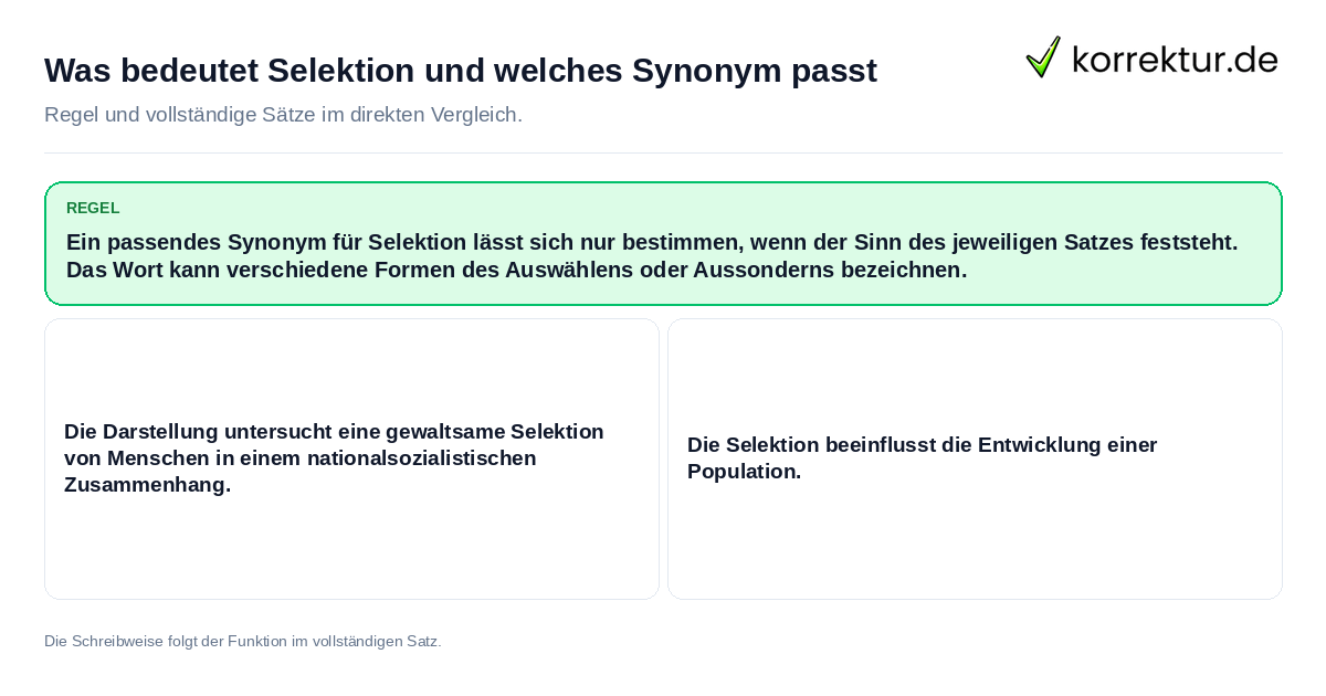 Konkrete Regel und vollständige Beispielsätze zu Was bedeutet Selektion und welches Synonym passt