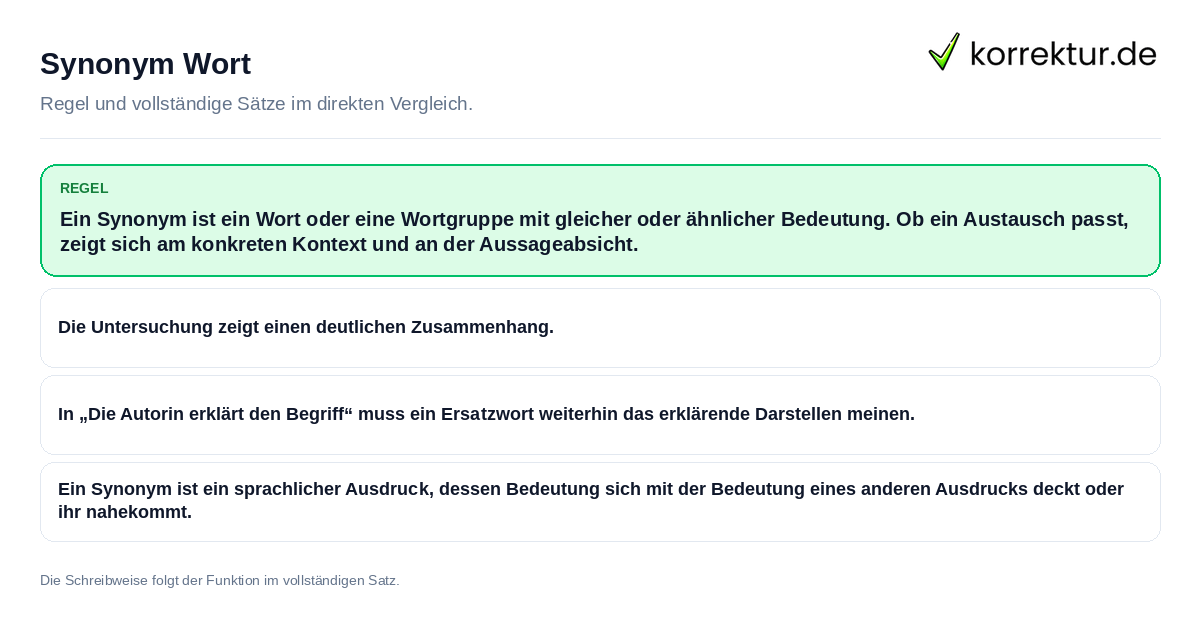 Konkrete Regel und vollständige Beispielsätze zu Synonym Wort