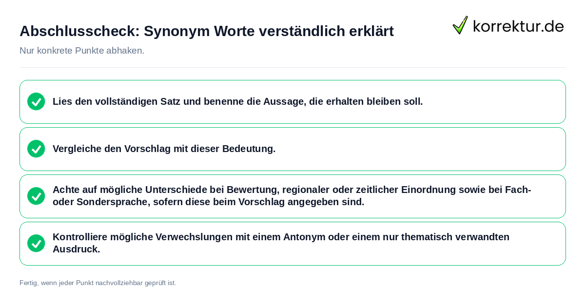 Abschlusscheck: Synonym Worte verständlich erklärt Konkreter Abschlusscheck zu Synonym Worte verständlich erklärt