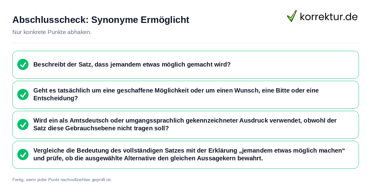 Konkreter Abschlusscheck zu Synonyme Ermöglicht
