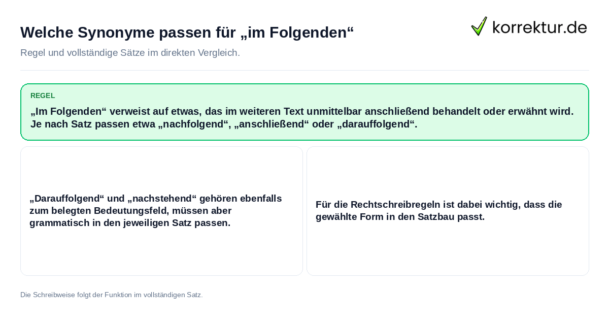 Konkrete Regel und vollständige Beispielsätze zu Welche Synonyme passen für „im Folgenden“