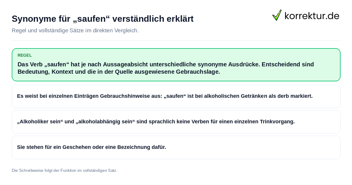 Konkrete Regel und vollständige Beispielsätze zu Synonyme für „saufen“ verständlich erklärt