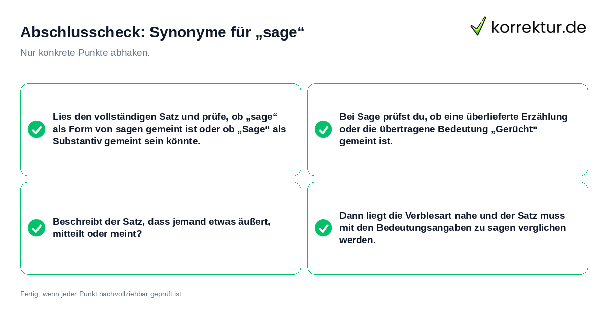 Konkreter Abschlusscheck zu Synonyme für „sage“