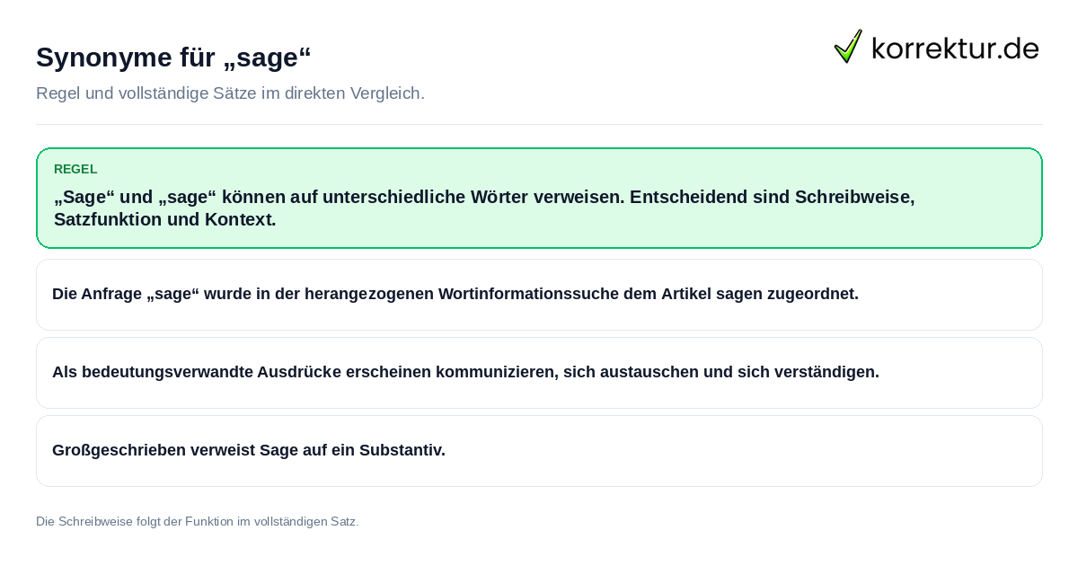 Konkrete Regel und vollständige Beispielsätze zu Synonyme für „sage“