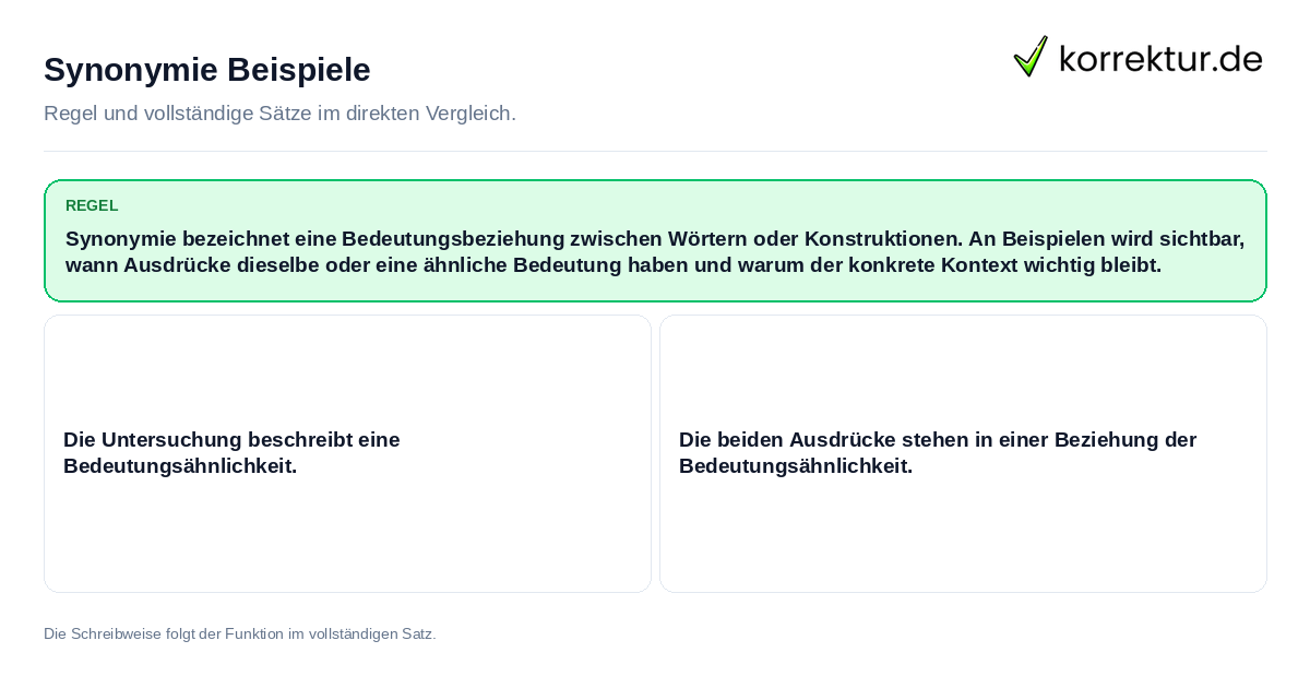 Konkrete Regel und vollständige Beispielsätze zu Synonymie Beispiele