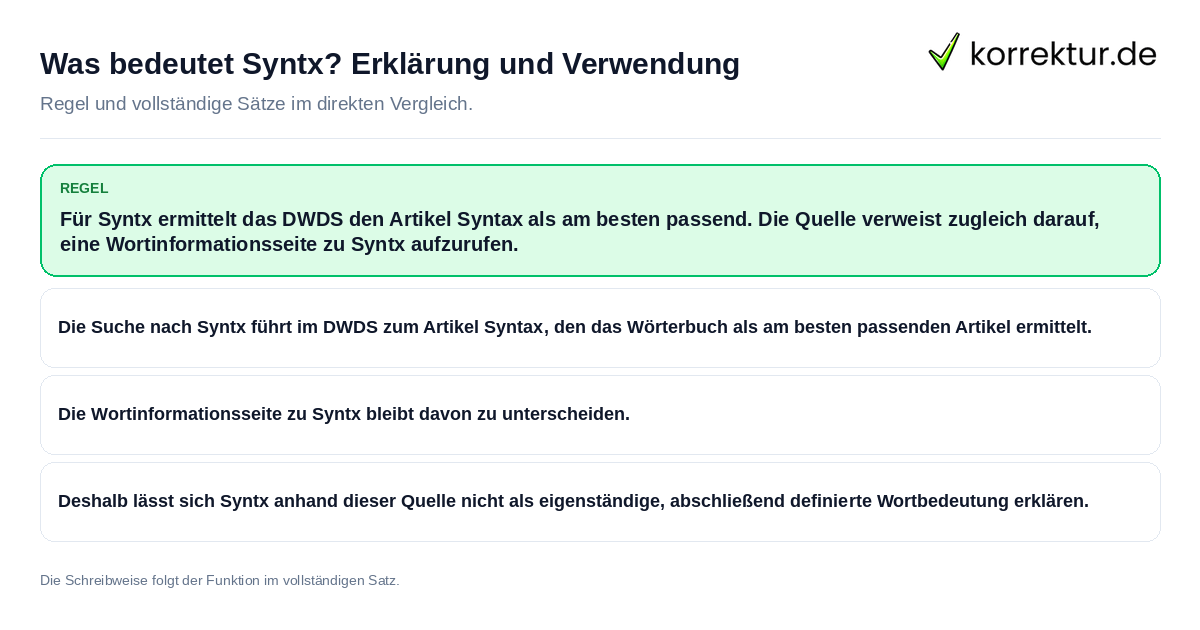 Konkrete Regel und vollständige Beispielsätze zu Was bedeutet Syntx? Erklärung und Verwendung