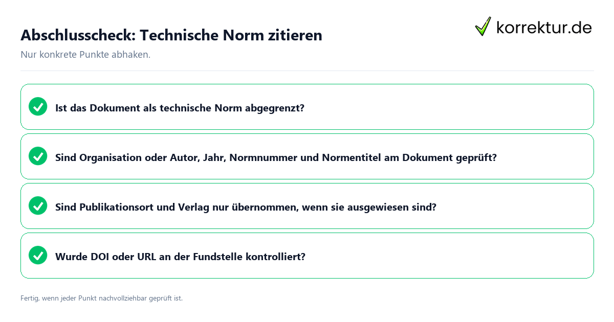 Abschlusscheck: Technische Norm zitieren Konkreter Abschlusscheck zu Technische Norm zitieren