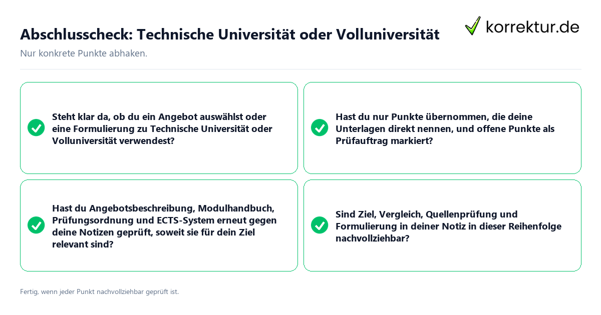 Konkreter Abschlusscheck zu Technische Universität oder Volluniversität