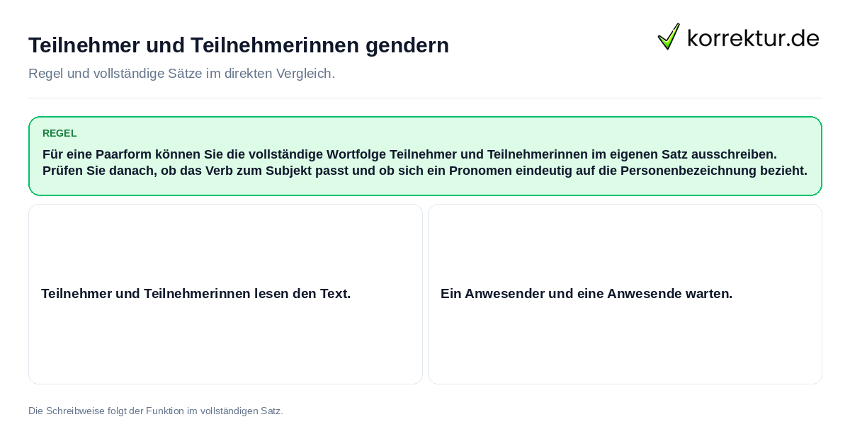 Teilnehmer und Teilnehmerinnen gendern Konkrete Regel und vollständige Beispielsätze zu Teilnehmer und Teilnehmerinnen gendern