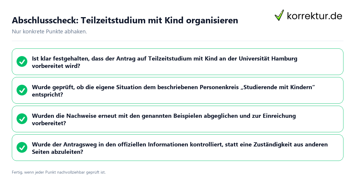 Abschlusscheck: Teilzeitstudium mit Kind organisieren Konkreter Abschlusscheck zu Teilzeitstudium mit Kind organisieren
