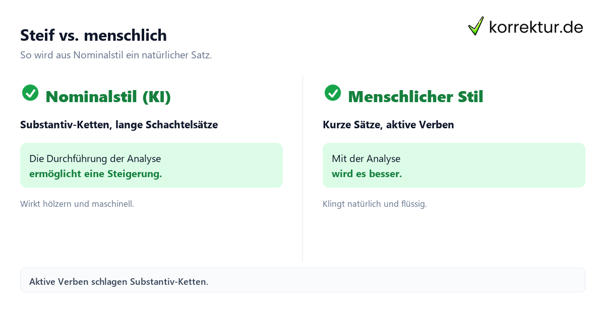 Steif vs. menschlich Text menschlicher schreiben mit KI: Vergleich Nominalstil und natürlicher Stil