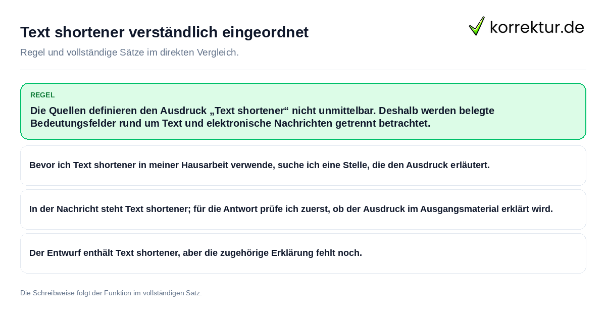Konkrete Regel und vollständige Beispielsätze zu Text shortener verständlich eingeordnet