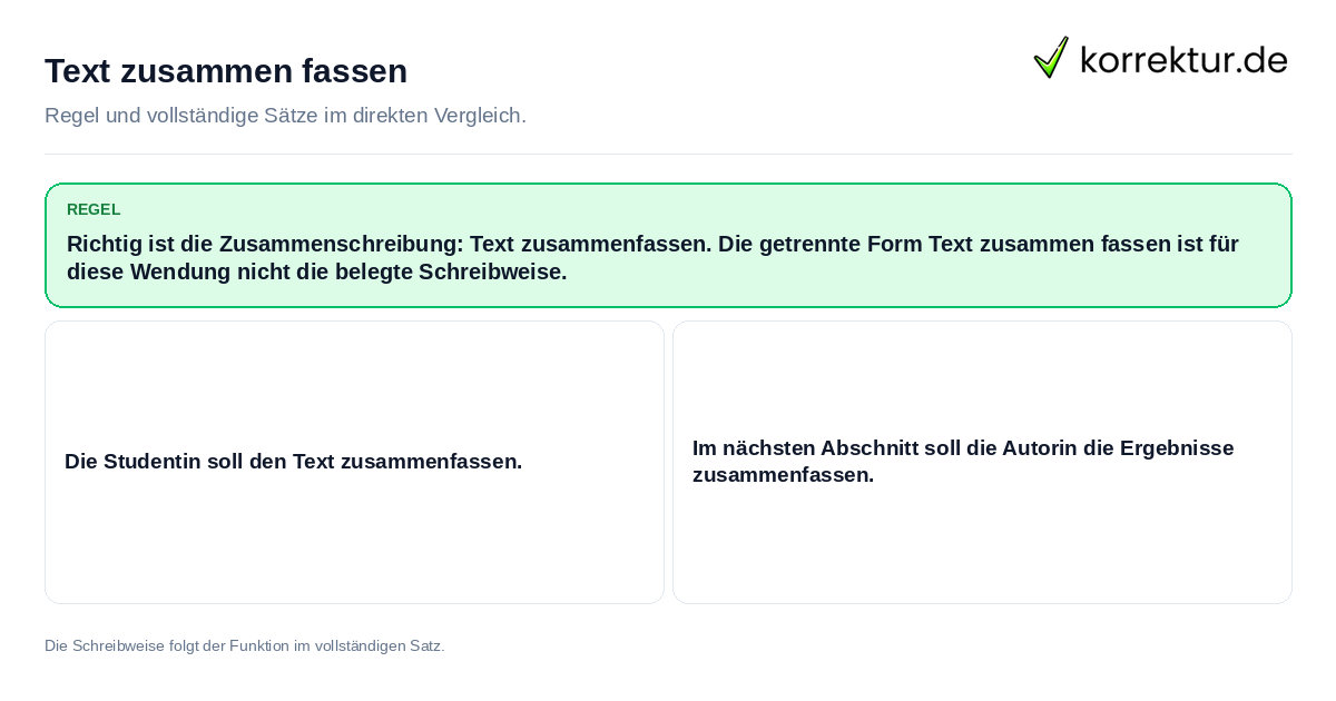 Text zusammen fassen Konkrete Regel und vollständige Beispielsätze zu Text zusammen fassen