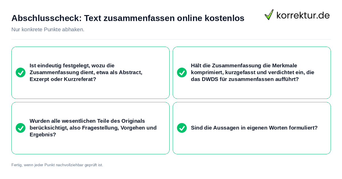 Konkreter Abschlusscheck zu Text zusammenfassen online kostenlos
