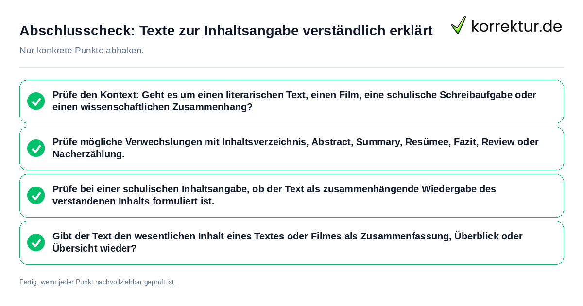 Konkreter Abschlusscheck zu Texte zur Inhaltsangabe verständlich erklärt