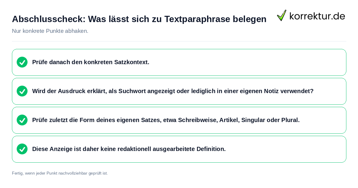 Konkreter Abschlusscheck zu Was lässt sich zu Textparaphrase belegen