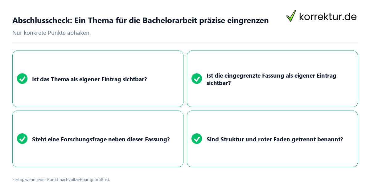 Konkreter Abschlusscheck zu Ein Thema für die Bachelorarbeit präzise eingrenzen