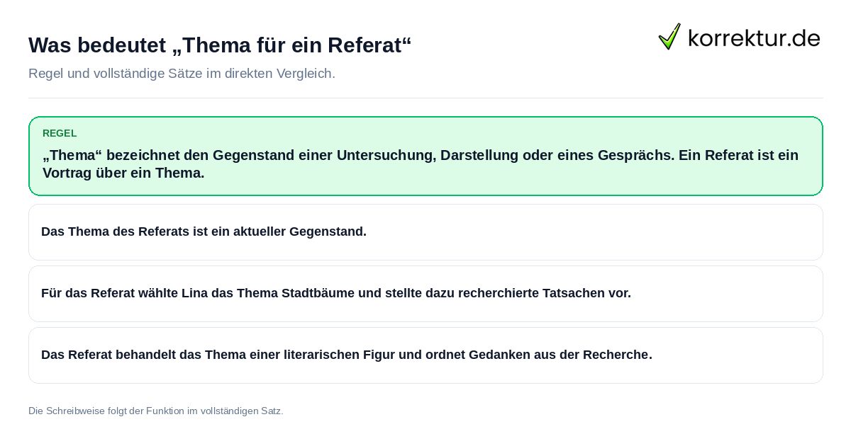 Konkrete Regel und vollständige Beispielsätze zu Was bedeutet „Thema für ein Referat“