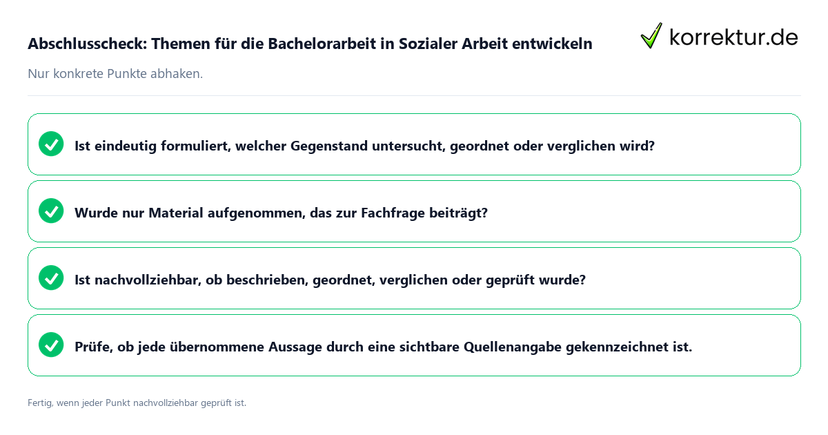 Konkreter Abschlusscheck zu Themen für die Bachelorarbeit in Sozialer Arbeit entwickeln
