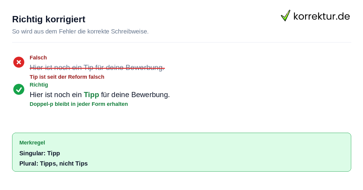 Richtig korrigiert Tipp oder Tip: Beispielsatz korrigiert mit Doppel-p