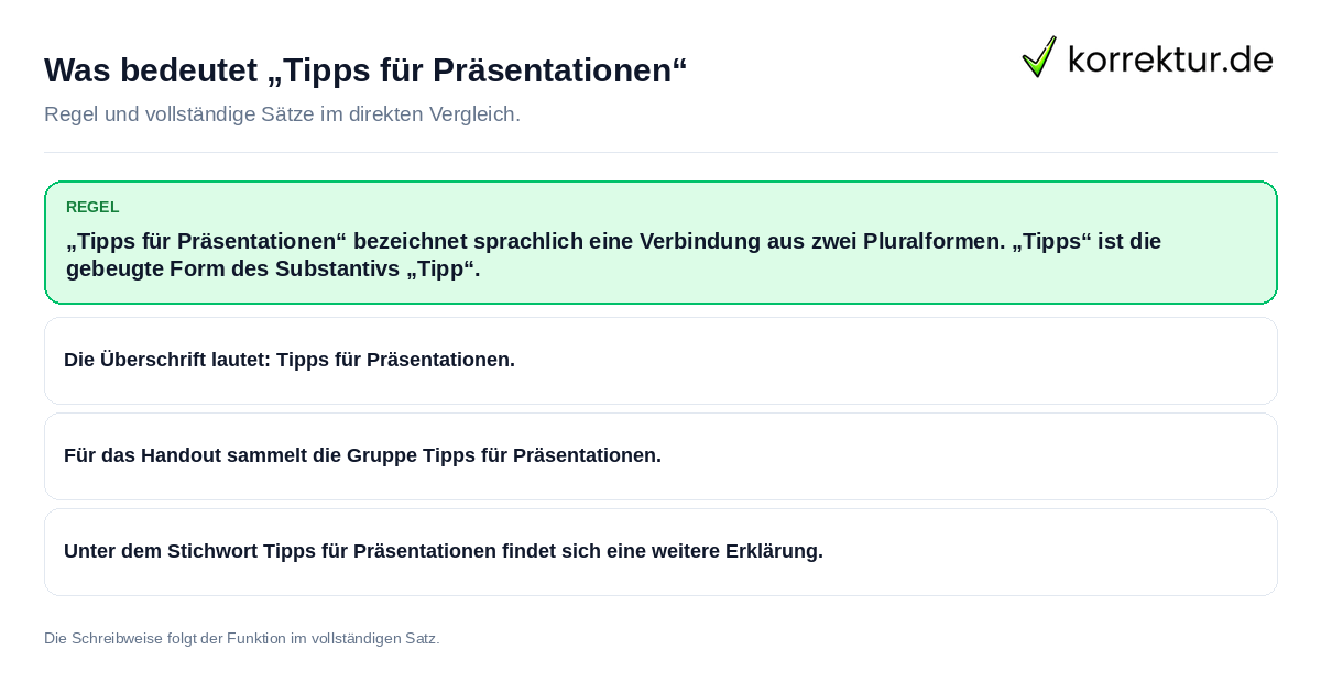 Konkrete Regel und vollständige Beispielsätze zu Was bedeutet „Tipps für Präsentationen“
