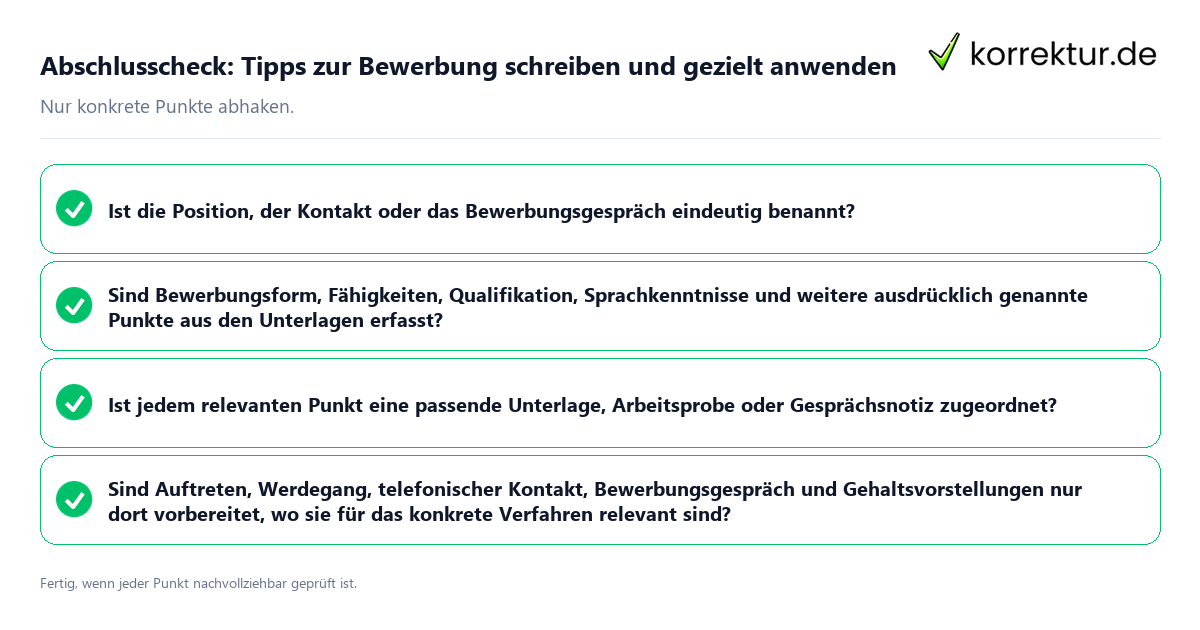 Abschlusscheck: Tipps zur Bewerbung schreiben und gezielt anwenden Konkreter Abschlusscheck zu Tipps zur Bewerbung schreiben und gezielt anwenden