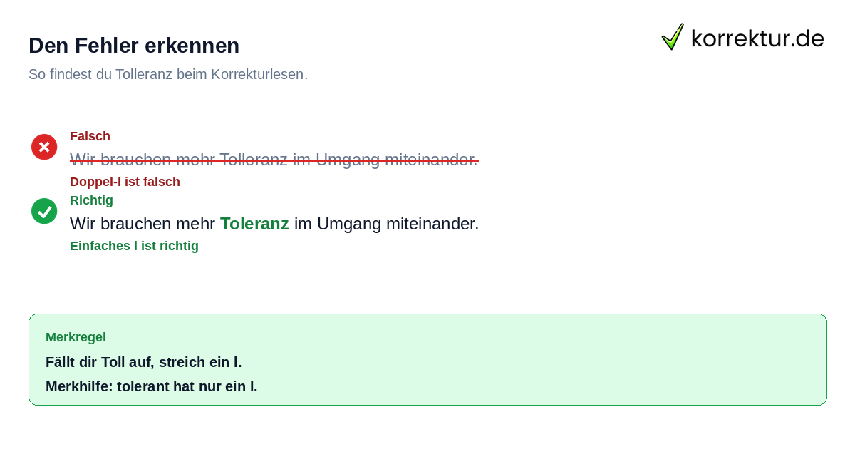 Den Fehler erkennen Toleranz oder Tolleranz: Korrektur des Rechtschreibfehlers