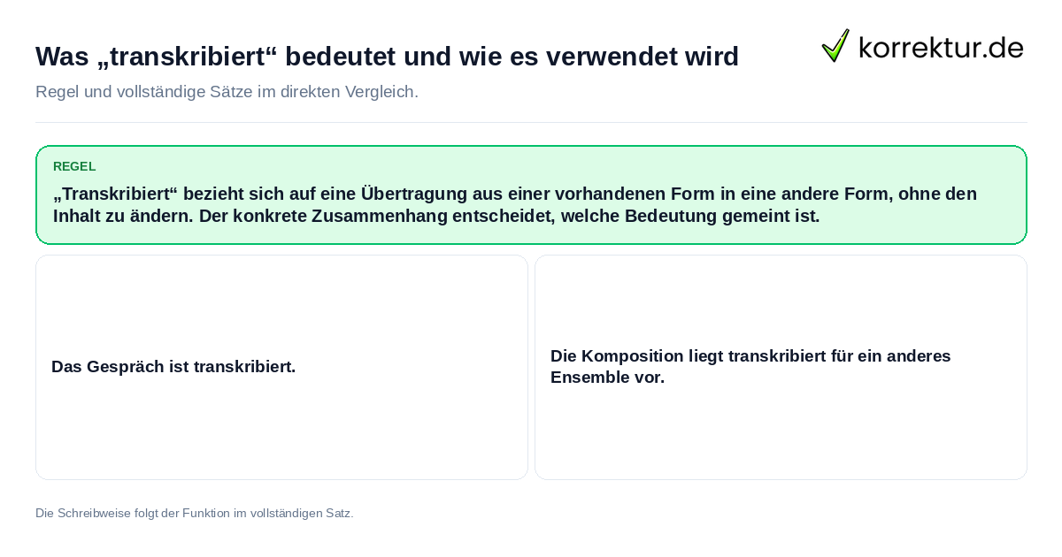Konkrete Regel und vollständige Beispielsätze zu Was „transkribiert“ bedeutet und wie es verwendet