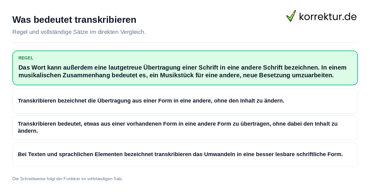 Konkrete Regel und vollständige Beispielsätze zu Was bedeutet transkribieren
