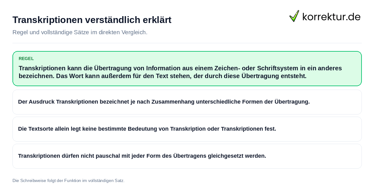 Konkrete Regel und vollständige Beispielsätze zu Transkriptionen verständlich erklärt