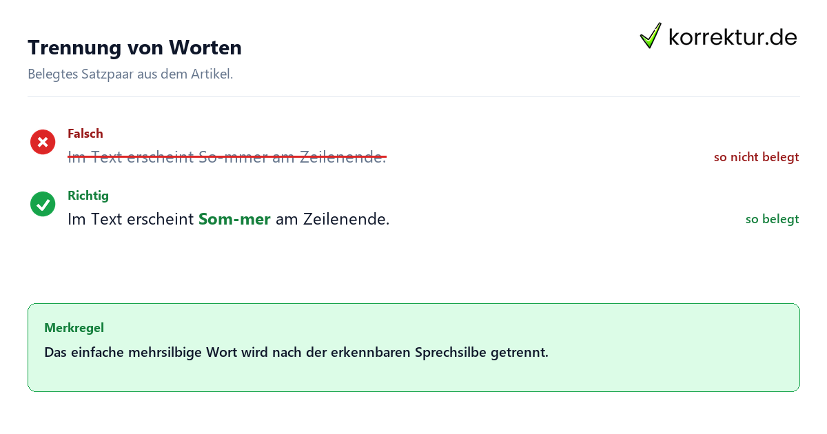 Trennung von Worten Falsches und richtiges Satzbeispiel zu Trennung von Worten