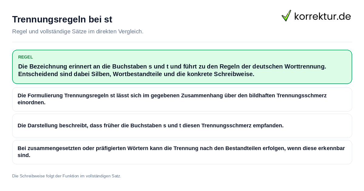 Konkrete Regel und vollständige Beispielsätze zu Trennungsregeln bei st