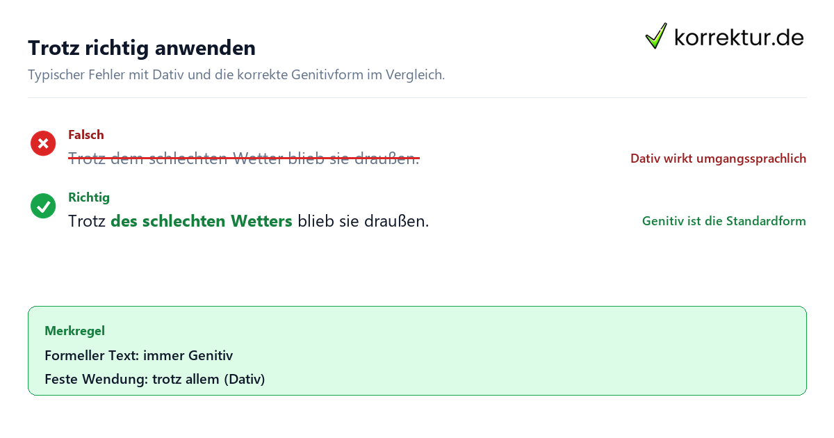 Trotz Genitiv Beispiel: falscher Dativ und richtige Genitivform