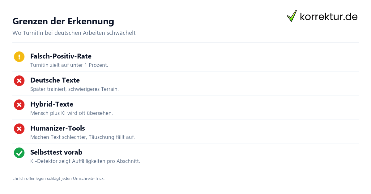 Turnitin KI Erkennung – die drei Schwachstellen Turnitin KI Erkennung Grenzen: Misch-Texte, kurze Texte und deutsche Sprache