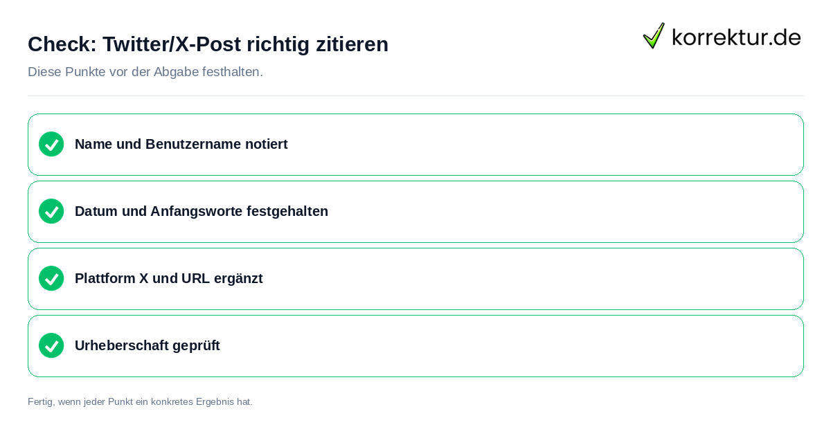 Check: Twitter/X-Post richtig zitieren Twitter/X-Post richtig zitieren: Prüfliste mit vier Punkten