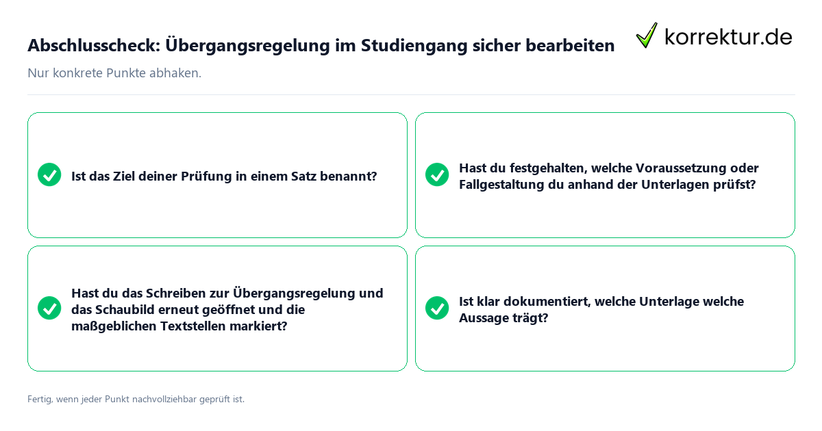 Abschlusscheck: Übergangsregelung im Studiengang sicher bearbeiten Konkreter Abschlusscheck zu Übergangsregelung im Studiengang sicher bearbeiten