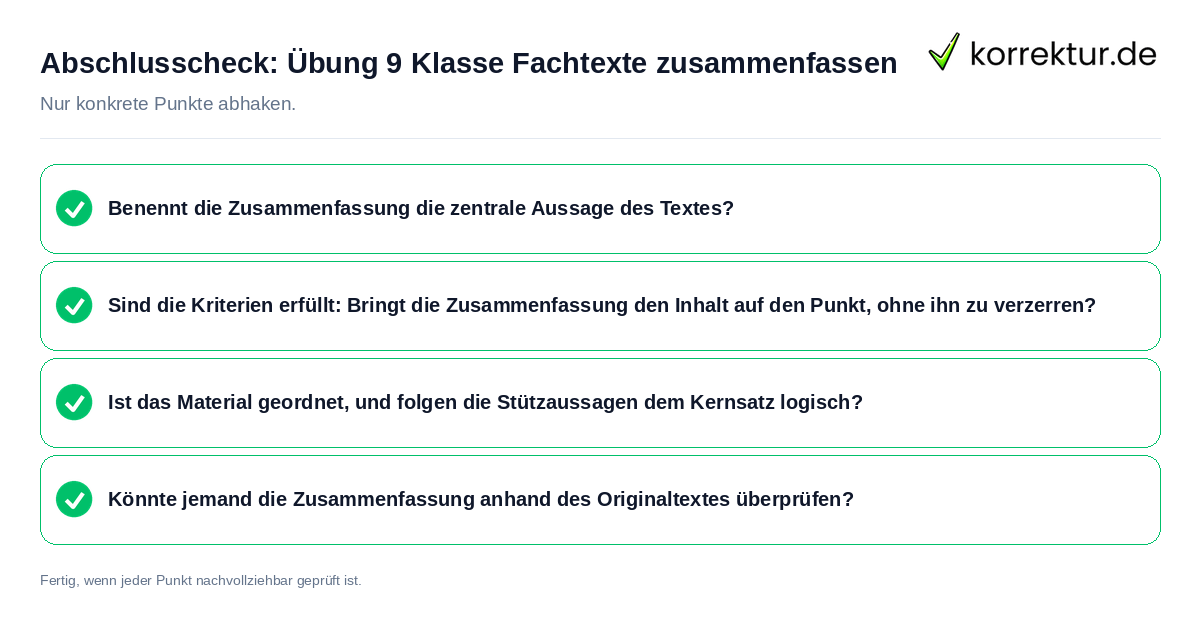 Konkreter Abschlusscheck zu Übung 9 Klasse Fachtexte zusammenfassen