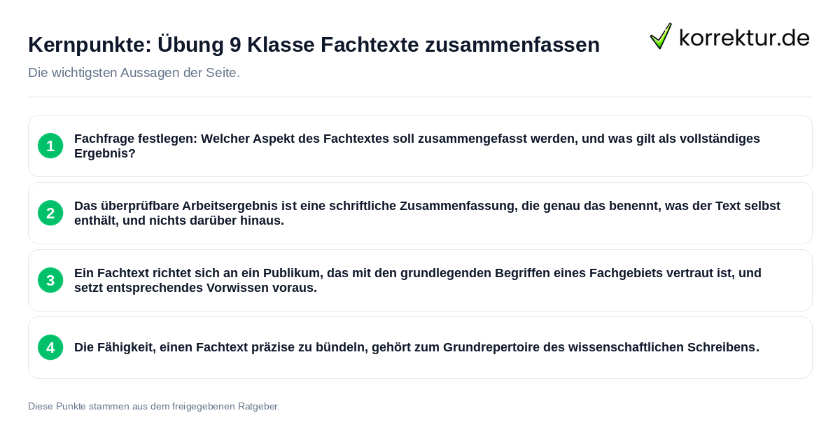 Konkrete Kernpunkte zu Übung 9 Klasse Fachtexte zusammenfassen