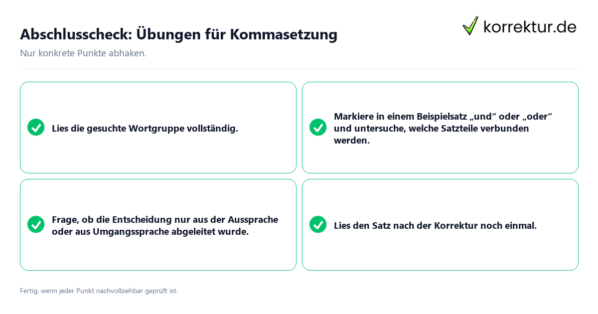 Konkreter Abschlusscheck zu Übungen für Kommasetzung