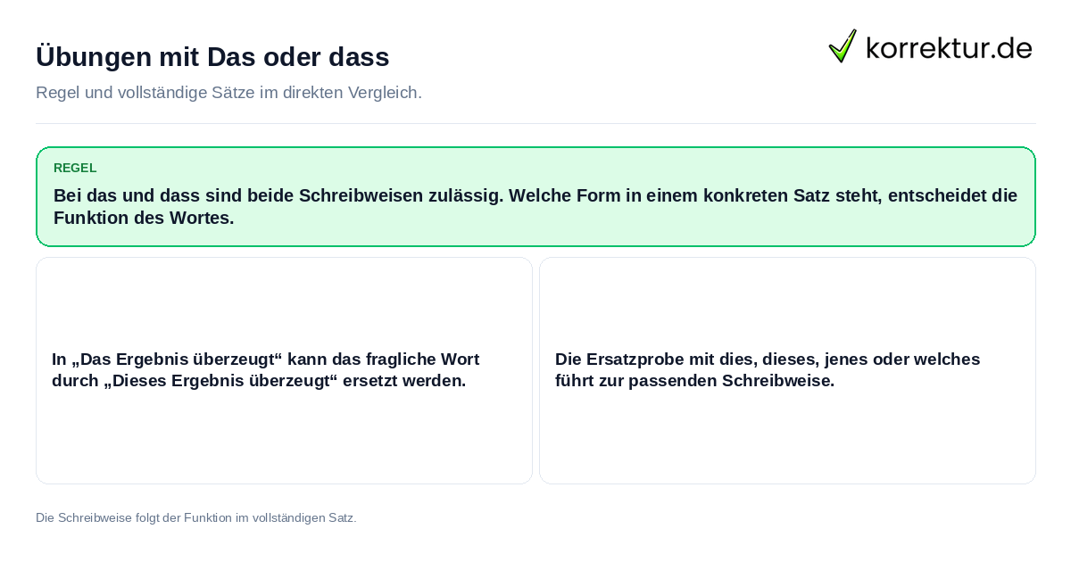 Konkrete Regel und vollständige Beispielsätze zu Übungen mit Das oder dass