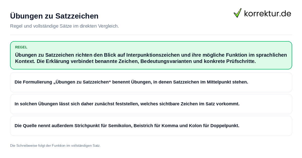 Konkrete Regel und vollständige Beispielsätze zu Übungen zu Satzzeichen