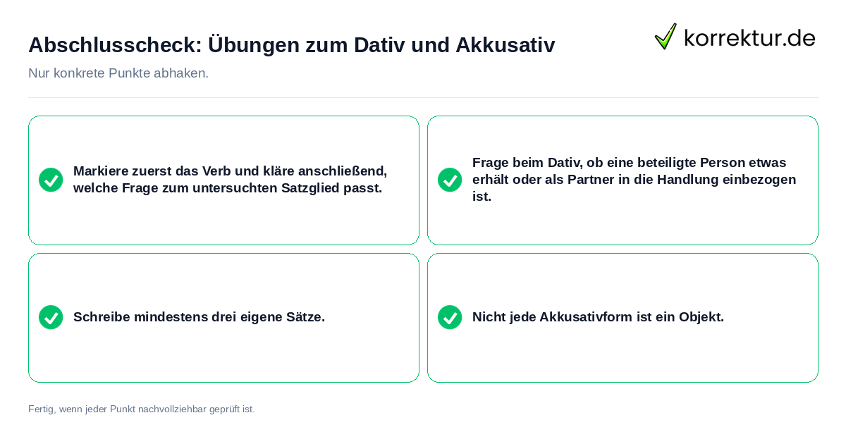 Konkreter Abschlusscheck zu Übungen zum Dativ und Akkusativ