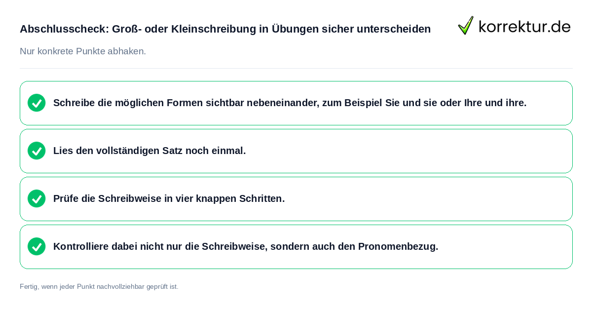 Konkreter Abschlusscheck zu Groß- oder Kleinschreibung in Übungen sicher unterscheiden