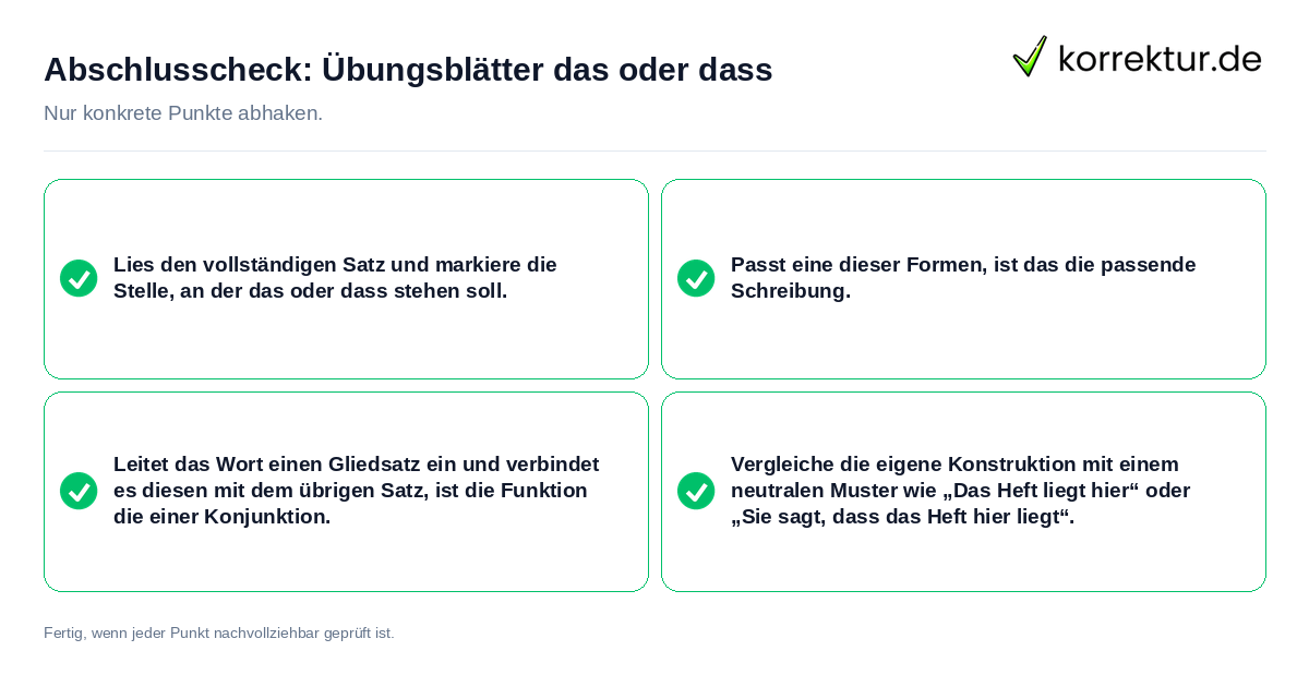Abschlusscheck: Übungsblätter das oder dass Konkreter Abschlusscheck zu Übungsblätter das oder dass