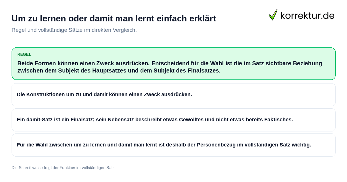 Um zu lernen oder damit man lernt einfach erklärt Konkrete Regel und vollständige Beispielsätze zu Um zu lernen oder damit man lernt einfach erklärt