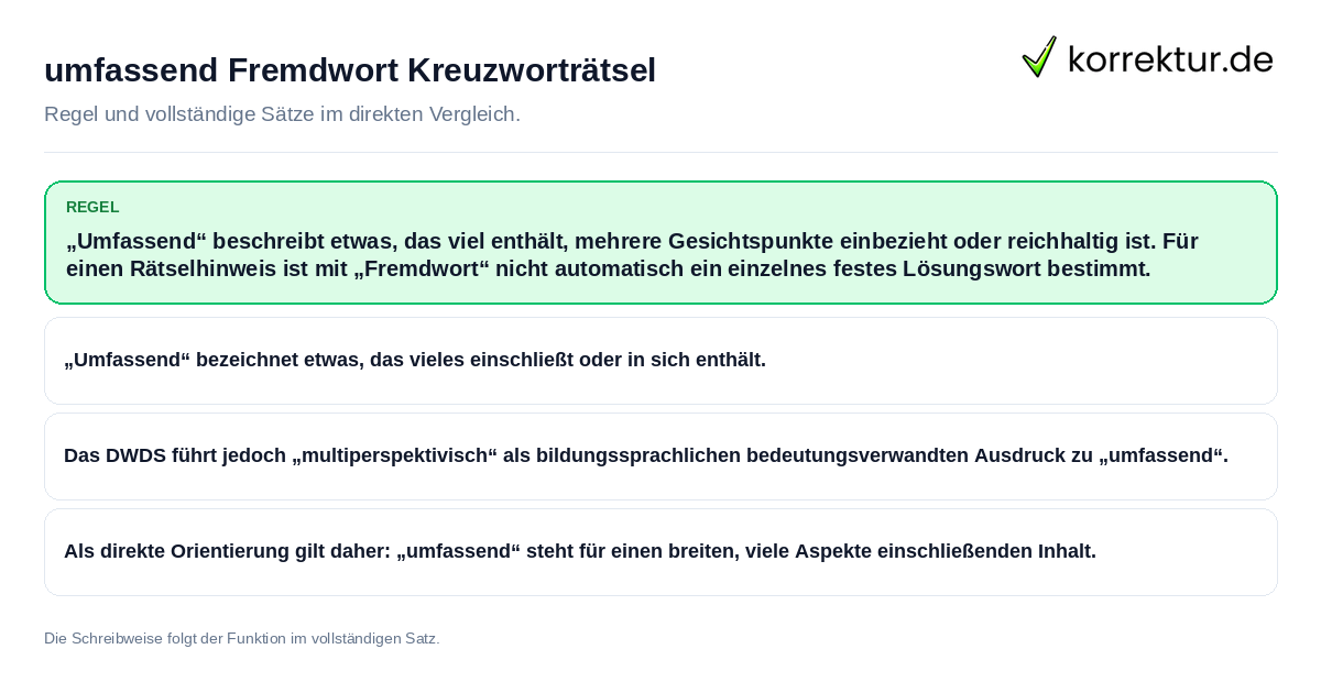 Konkrete Regel und vollständige Beispielsätze zu umfassend Fremdwort Kreuzworträtsel
