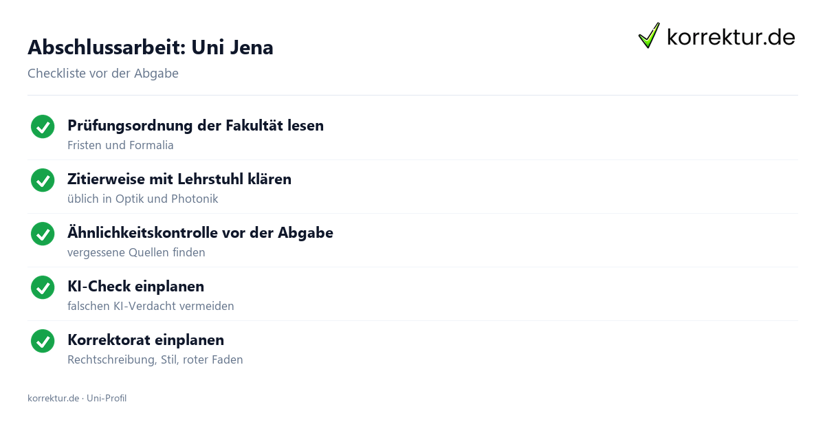 Abschlussarbeit an der Uni Jena – Checkliste zur Abgabe Abschlussarbeit Uni Jena: Formalia, Zitierweise und Ähnlichkeitskontrolle vor der Abgabe