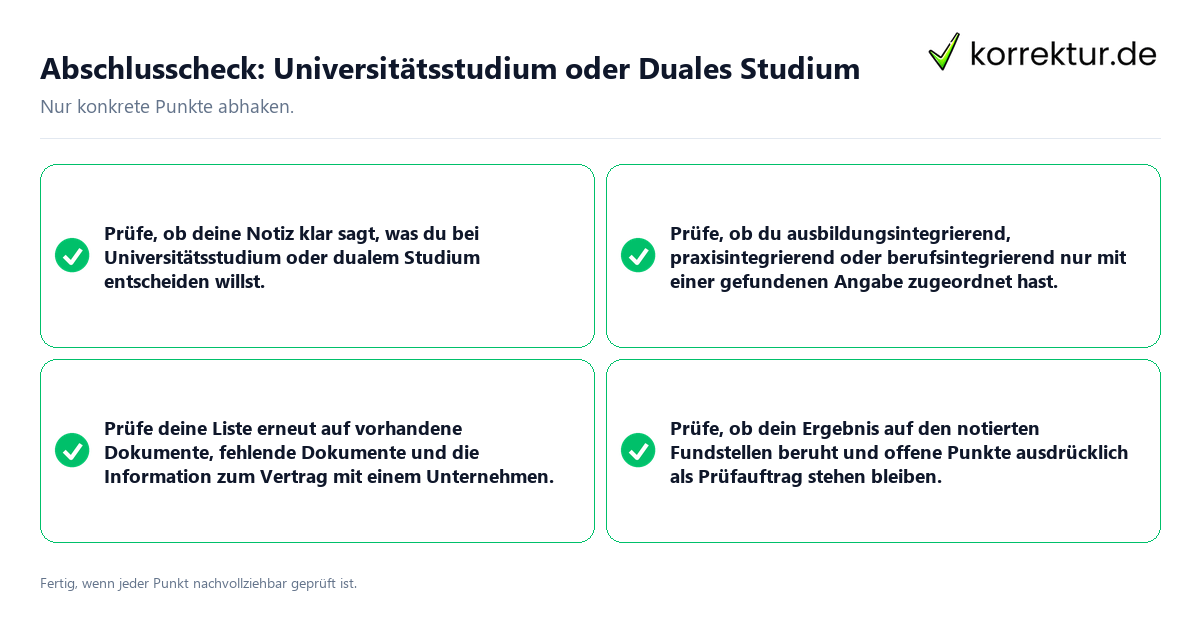 Abschlusscheck: Universitätsstudium oder Duales Studium Konkreter Abschlusscheck zu Universitätsstudium oder Duales Studium
