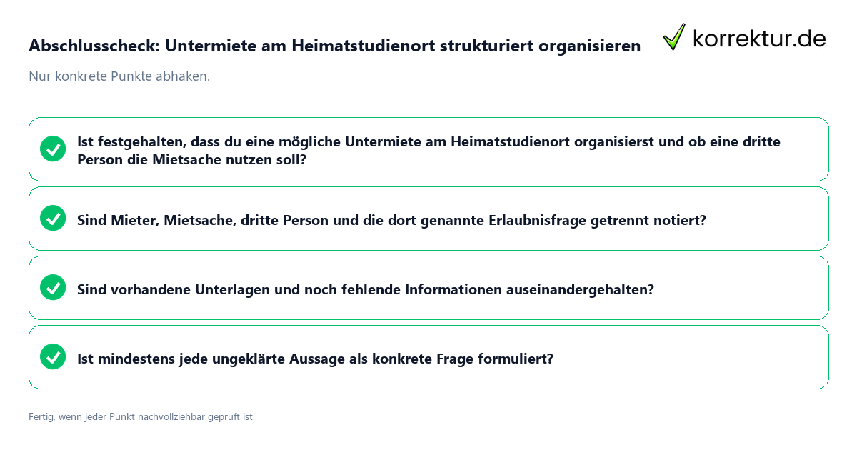 Abschlusscheck: Untermiete am Heimatstudienort strukturiert organisieren Konkreter Abschlusscheck zu Untermiete am Heimatstudienort strukturiert organisieren